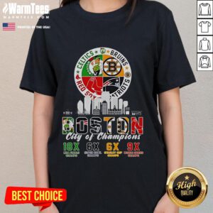 Official Boston Celtics, Bruins, Red Sox, and Patriots City of Champions ladies tee featuring team logos and vibrant design.