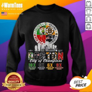 Alt Text: Official Boston Celtics, Bruins, Red Sox, and Patriots City of Champions sweatshirt showcasing Boston's sports pride.