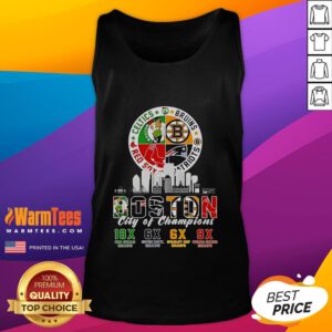 Official Boston Celtics, Bruins, Red Sox, and Patriots City of Champions tank top featuring iconic team logos.