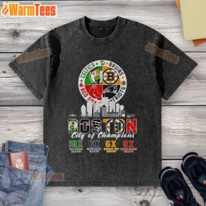 Official Boston Celtics Bruins Red Sox Patriots City of Champions washed t-shirt showcasing team logos and vibrant design.