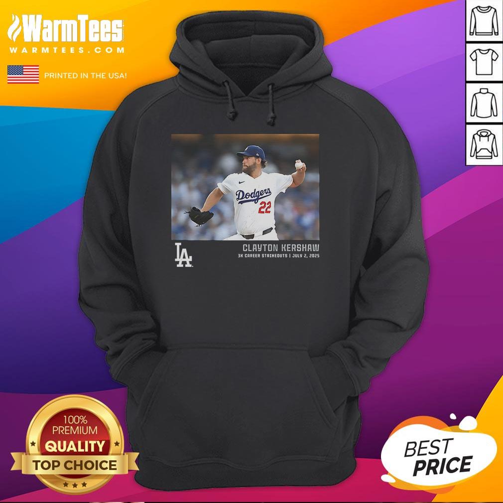 Official Clayton Kershaw Los Angeles Dodgers hoodie celebrating 3K career strikeouts with unique micro moments design.