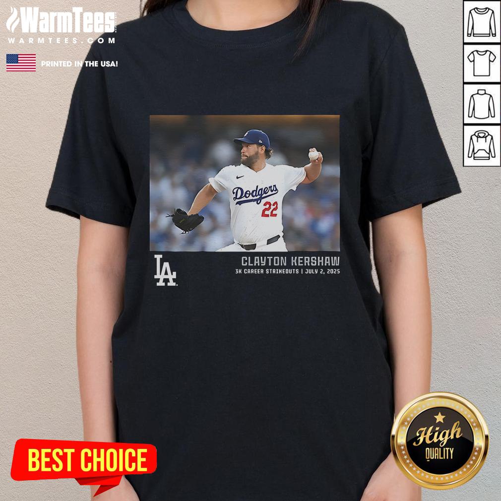 Official Clayton Kershaw Los Angeles Dodgers tee celebrating 3K career strikeouts, perfect for fans and collectors.