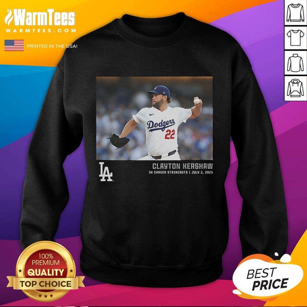 Official Clayton Kershaw Los Angeles Dodgers sweatshirt celebrating 3K career strikeouts, perfect for fans.