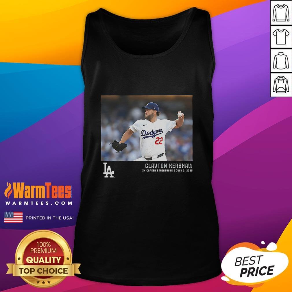 Alt Text: Official Clayton Kershaw Los Angeles Dodgers tank top celebrating 3K career strikeouts, perfect for fans and sportswear.