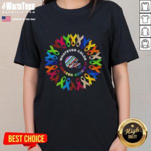 Alt Text: Cleveland Browns cancer awareness ladies tee featuring 'Whatever Color Cancer Sucks' design in vibrant colors.