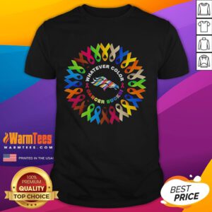 Official Denver Broncos 'Whatever Color Cancer Sucks' T-Shirt featuring team colors and logo for cancer awareness.