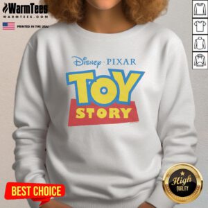 Alt Text: Official Disney Pixar Toy Story logo sweatshirt featuring vibrant graphics of beloved characters and iconic branding.