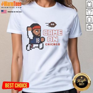 8-bit graphic tee featuring Caleb Williams, perfect for Chicago Bears fans. Official Game On design for ladies.