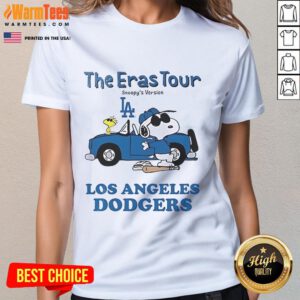 Alt Text: Official Los Angeles Dodgers The Eras Tour Snoopy Ladies Tee featuring vibrant graphics and a stylish fit for fans.