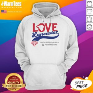 Official Love Lancaster Penn Medicine Hoodie in navy blue, showcasing logo and stylish design for healthcare supporters.