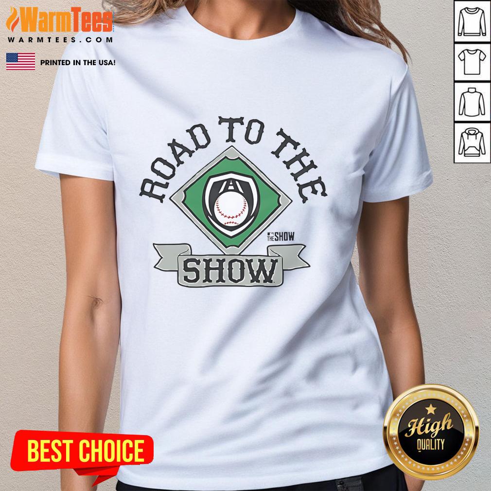 Official MLB The Show Road To The Show 2025 Ladies Tee in stylish design, perfect for baseball fans and gamers.