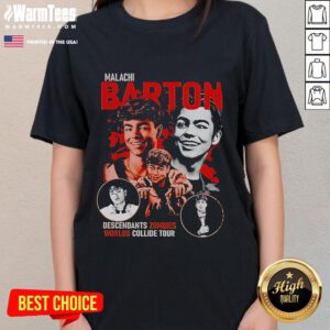 Official Malachi Barton Descendants Zombies Worlds Collide Tour Disney ladies tee featuring vibrant graphics and stylish design.