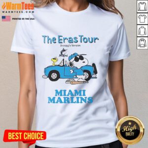Official Miami Marlins The Eras Tour Snoopy Ladies Tee featuring a stylish design perfect for baseball fans and fashion lovers.