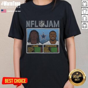 Alt Text: Official NFL Jam Cowboys Lamb and Parsons Ladies Tee featuring team colors and player graphics for stylish fans.