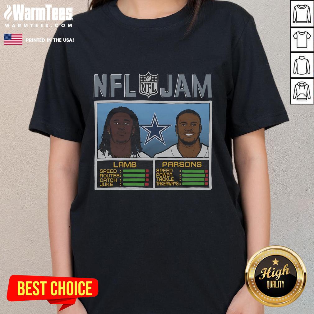 Alt Text: Official NFL Jam Cowboys Lamb and Parsons Ladies Tee featuring team colors and player graphics for stylish fans.