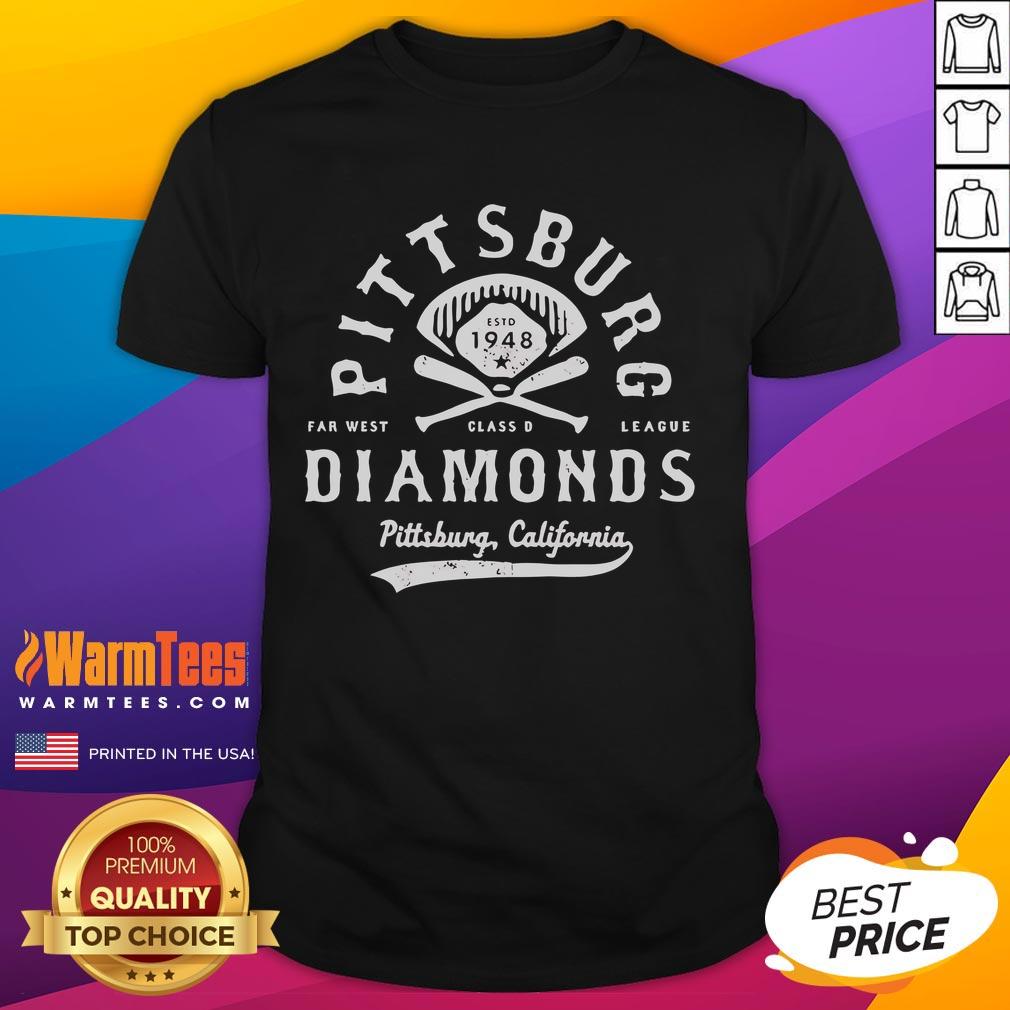 Official Pittsburg Diamonds California defunct baseball t-shirt featuring vintage design and team logo.