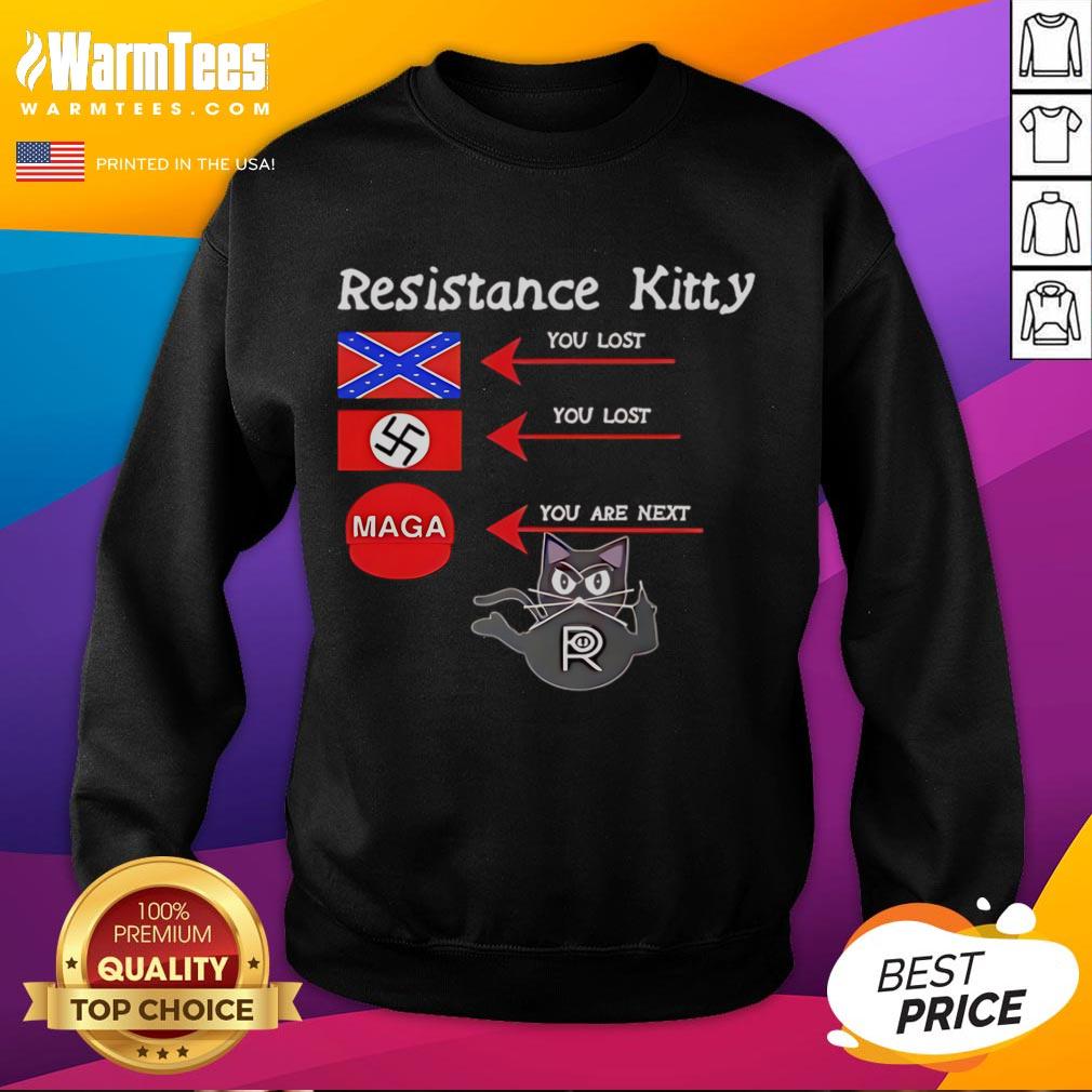 Official Resistance Kitty sweatshirt featuring 'You Lost, You Lost, You're Next' slogan in bold lettering.