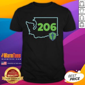 Official Seattle Sounders FC 206 Area Code State T-Shirt showcasing team spirit and local pride with vibrant colors.