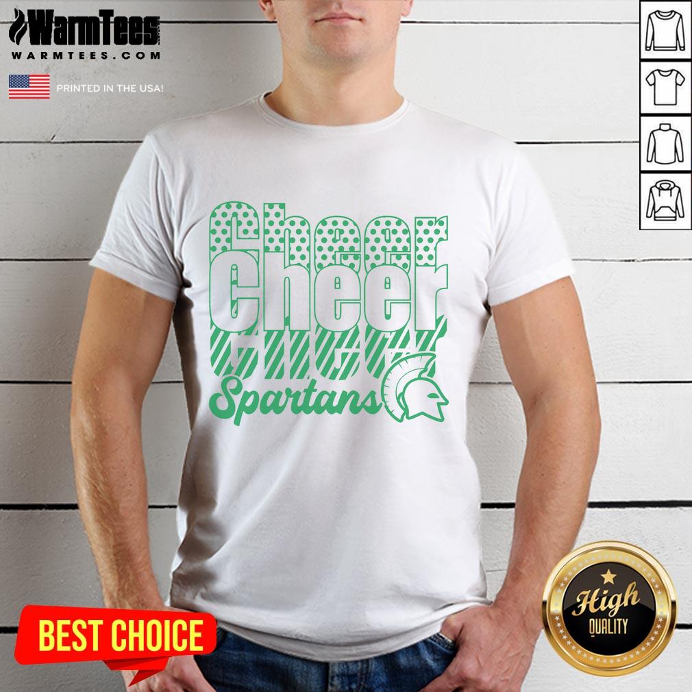 Alt Text: Official Spartans Cheer Cheer Cheer T-Shirt featuring bold graphics and vibrant colors, perfect for fans and cheerleaders.