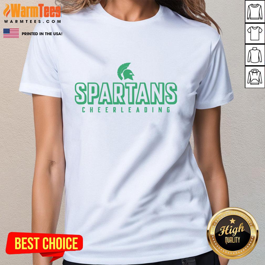 Official Spartans Cheerleading Ladies Tee featuring vibrant team colors and logo for spirited fans and cheerleaders.