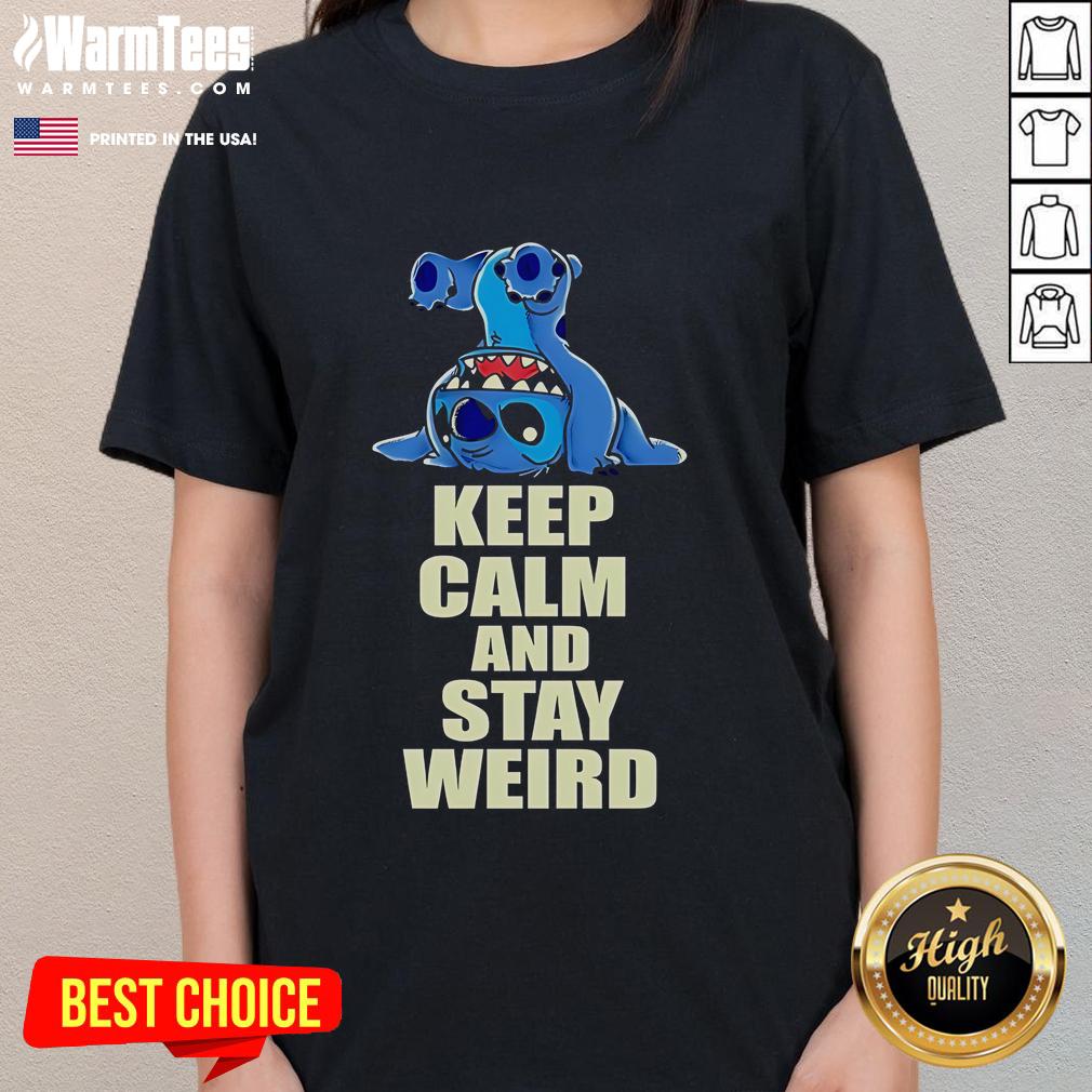 Alt Text: Official Stitch Keep Calm and Stay Weird Ladies Tee featuring a fun design perfect for quirky fashion lovers.