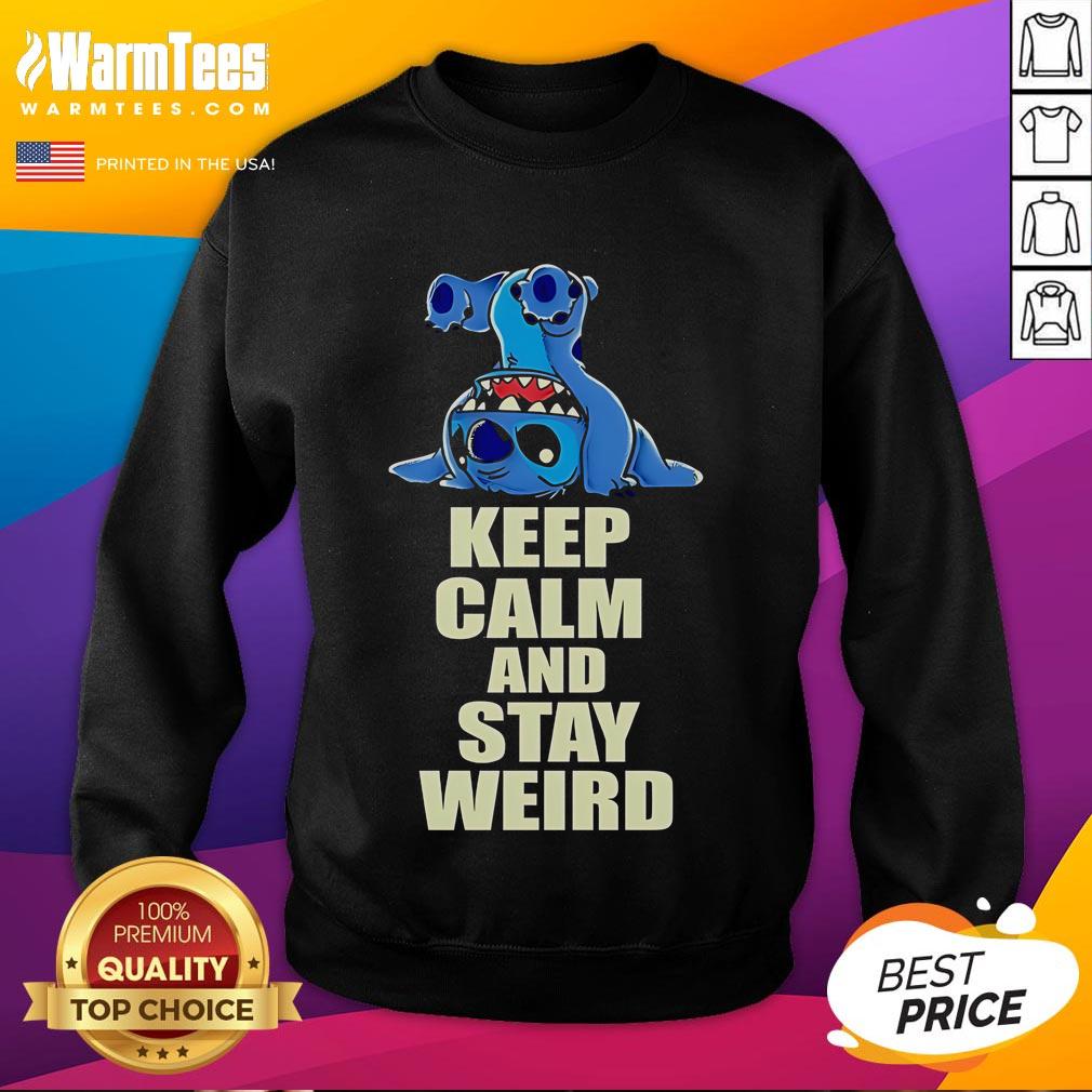 Official Stitch Keep Calm and Stay Weird Sweatshirt featuring a quirky design, perfect for unique fashion lovers.