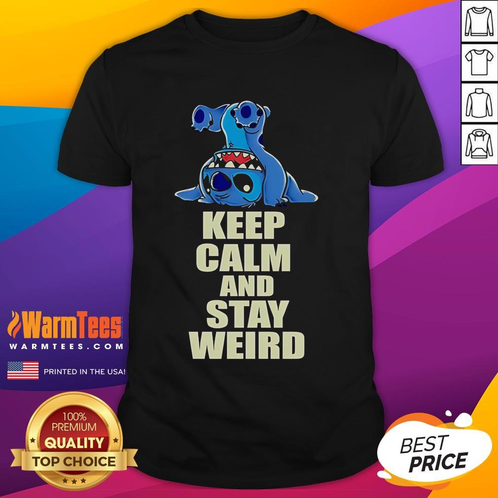 Alt Text: Official Stitch Keep Calm And Stay Weird T-Shirt featuring a quirky design with vibrant colors and playful text.