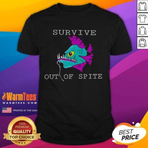 Official Survive Out Of Spite Fish T-Shirt featuring a bold graphic design perfect for fishing enthusiasts and casual wear.