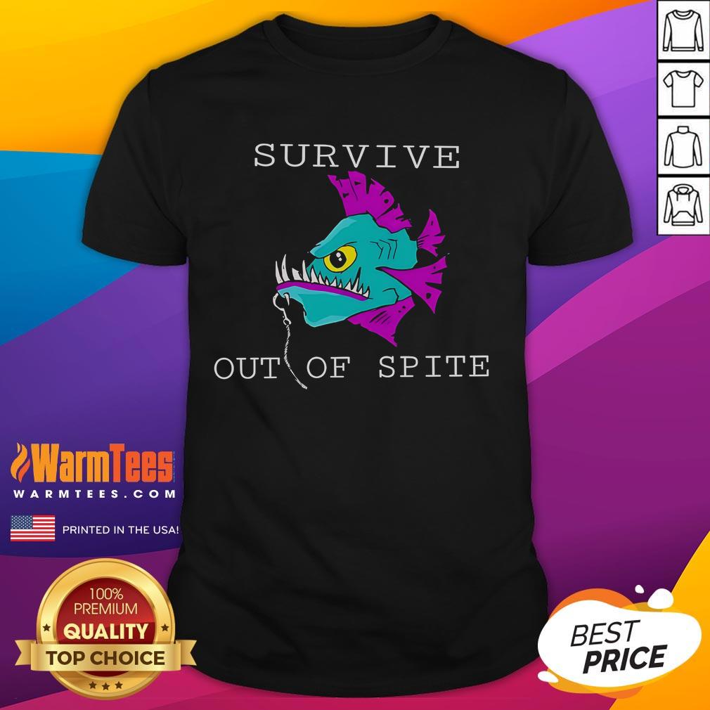 Official Survive Out Of Spite Fish T-Shirt featuring a bold graphic design perfect for fishing enthusiasts and casual wear.
