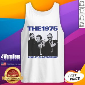 Official The 1975 live at Glastonbury vintage tank top featuring iconic band logo and festival graphics.