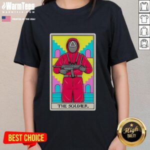 Official Soldier Squid Game tarot card design on a stylish ladies tee, perfect for fans of the series.