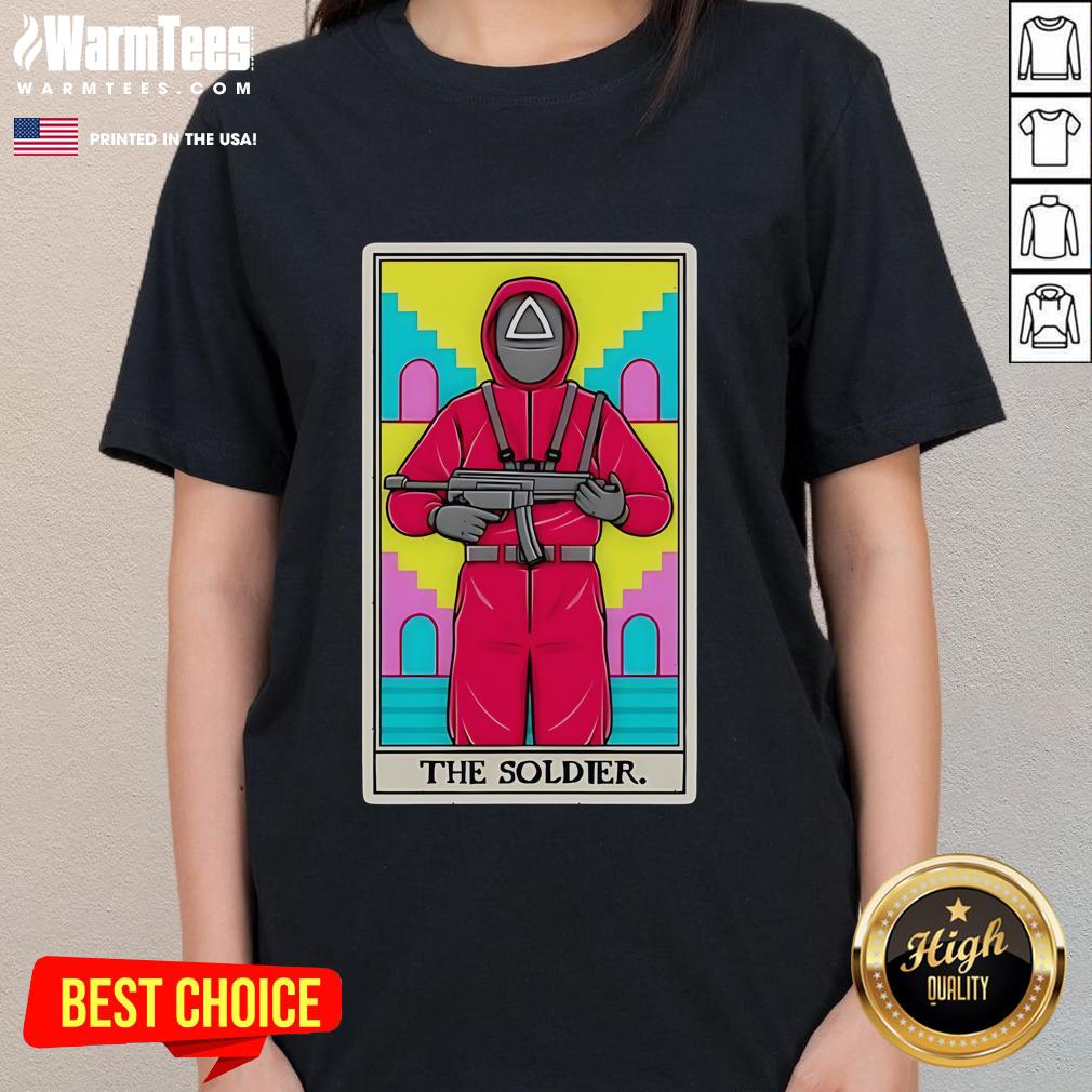 Official Soldier Squid Game tarot card design on a stylish ladies tee, perfect for fans of the series.