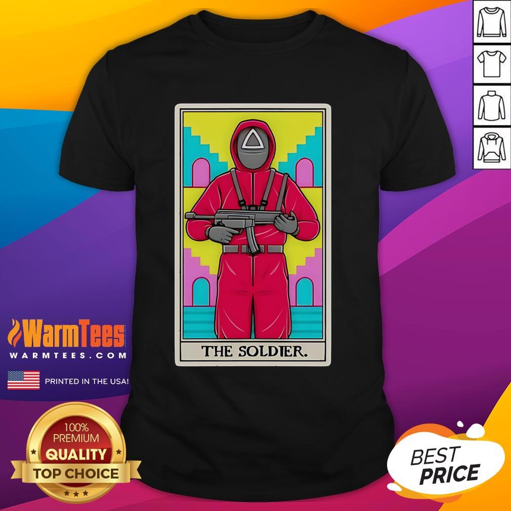 Official The Soldier Squid Game Tarot Card T-Shirt featuring striking design and vibrant colors for fans of the series.