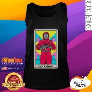 Official Soldier Squid Game tarot card tank top featuring vibrant graphic design and unique style for fans.