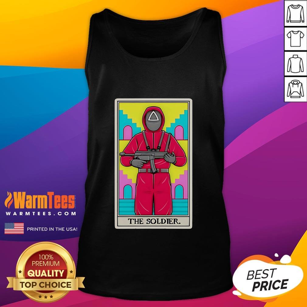 Official Soldier Squid Game tarot card tank top featuring vibrant graphic design and unique style for fans.