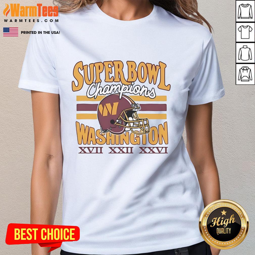 Alt Text: Official Washington Commanders three-time Super Bowl champions ladies tee showcasing team pride and sportswear style.
