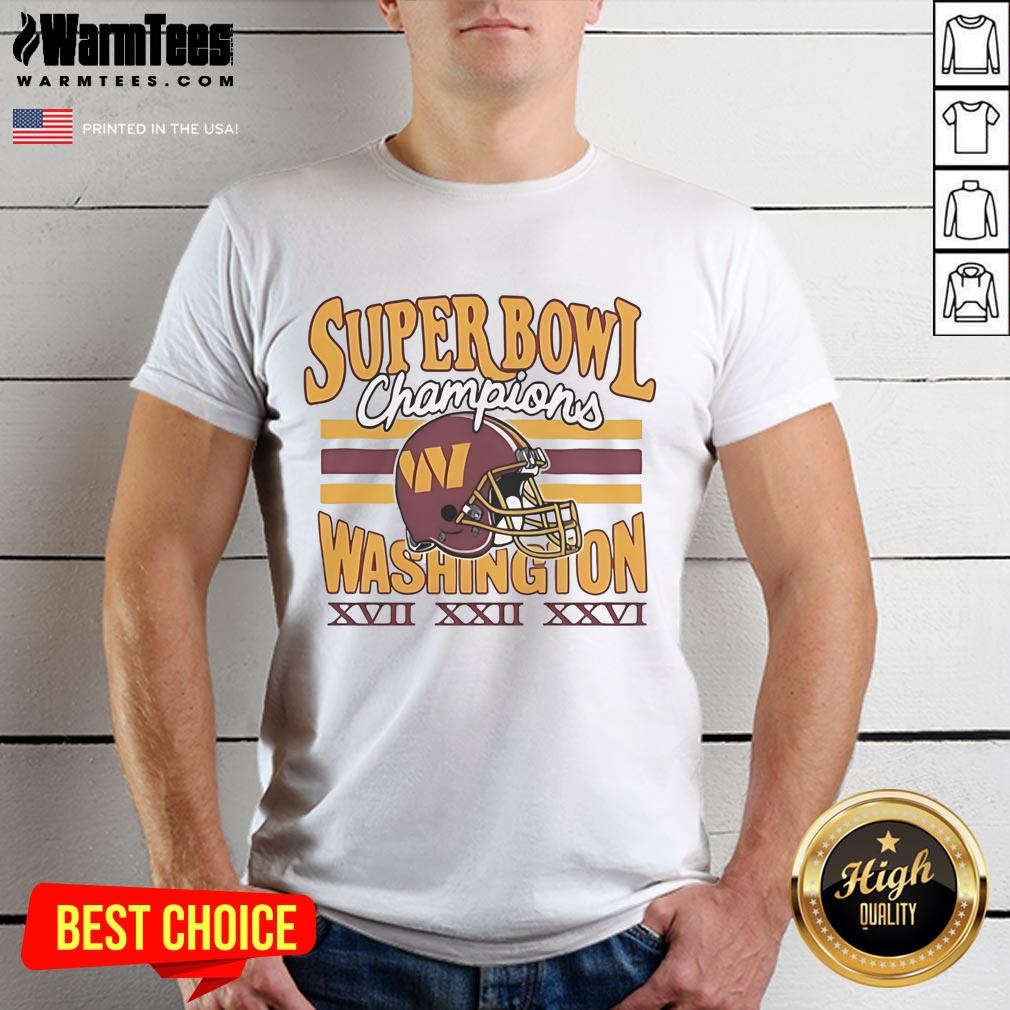 Alt Text: Official Washington Commanders Three-Time Super Bowl Champions T-Shirt featuring team logo and championship years.