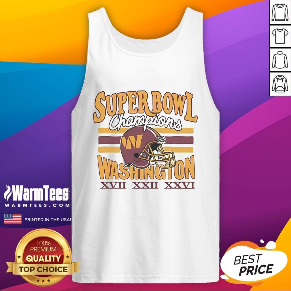 Alt Text: Official Washington Commanders three-time Super Bowl champions tank top featuring team logo and championship years.
