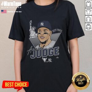 Premium Aaron Judge New York Yankees player caricature on a ladies tee, showcasing vibrant design and team spirit.