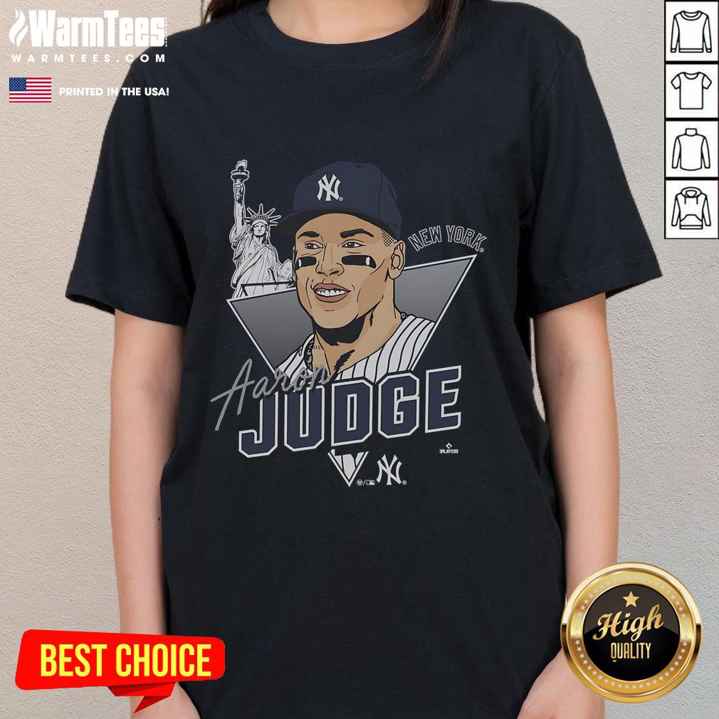 Premium Aaron Judge New York Yankees player caricature on a ladies tee, showcasing vibrant design and team spirit.