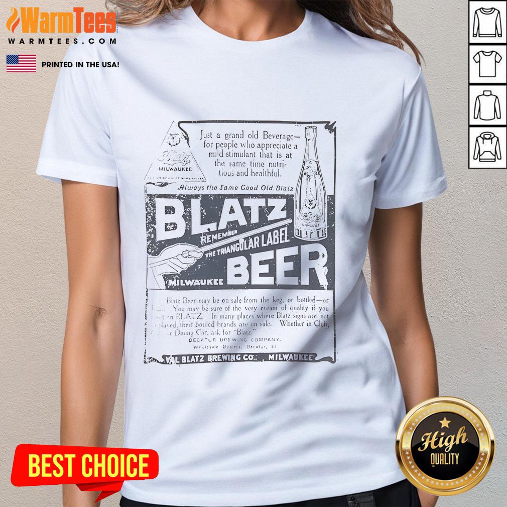 Top Blatz Decatur Brewing Company Milwaukee ladies tee featuring vintage logo design, perfect for casual wear.