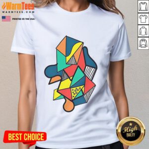 Colorful abstract geometric shapes on a ladies tee, perfect for vibrant fashion and trendy casual wear.