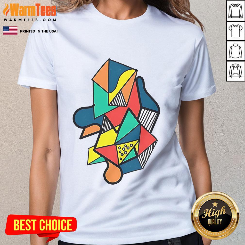 Colorful abstract geometric shapes on a ladies tee, perfect for vibrant fashion and trendy casual wear.