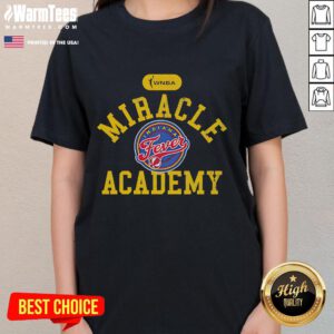 Alt Text: Top Indiana Fever x Miracle Academy ladies tee showcasing vibrant team colors and logo for stylish sportswear.