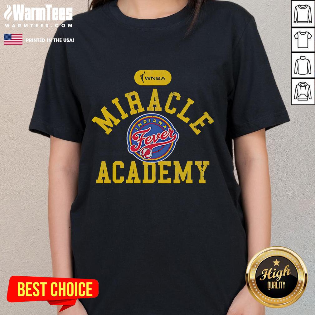 Alt Text: Top Indiana Fever x Miracle Academy ladies tee showcasing vibrant team colors and logo for stylish sportswear.