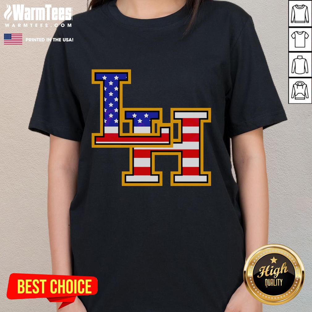 Alt Text: Top Liberty Hill Panthers Crown Trio USA Flag Patriotic Fourth of July Ladies Tee for festive celebrations.