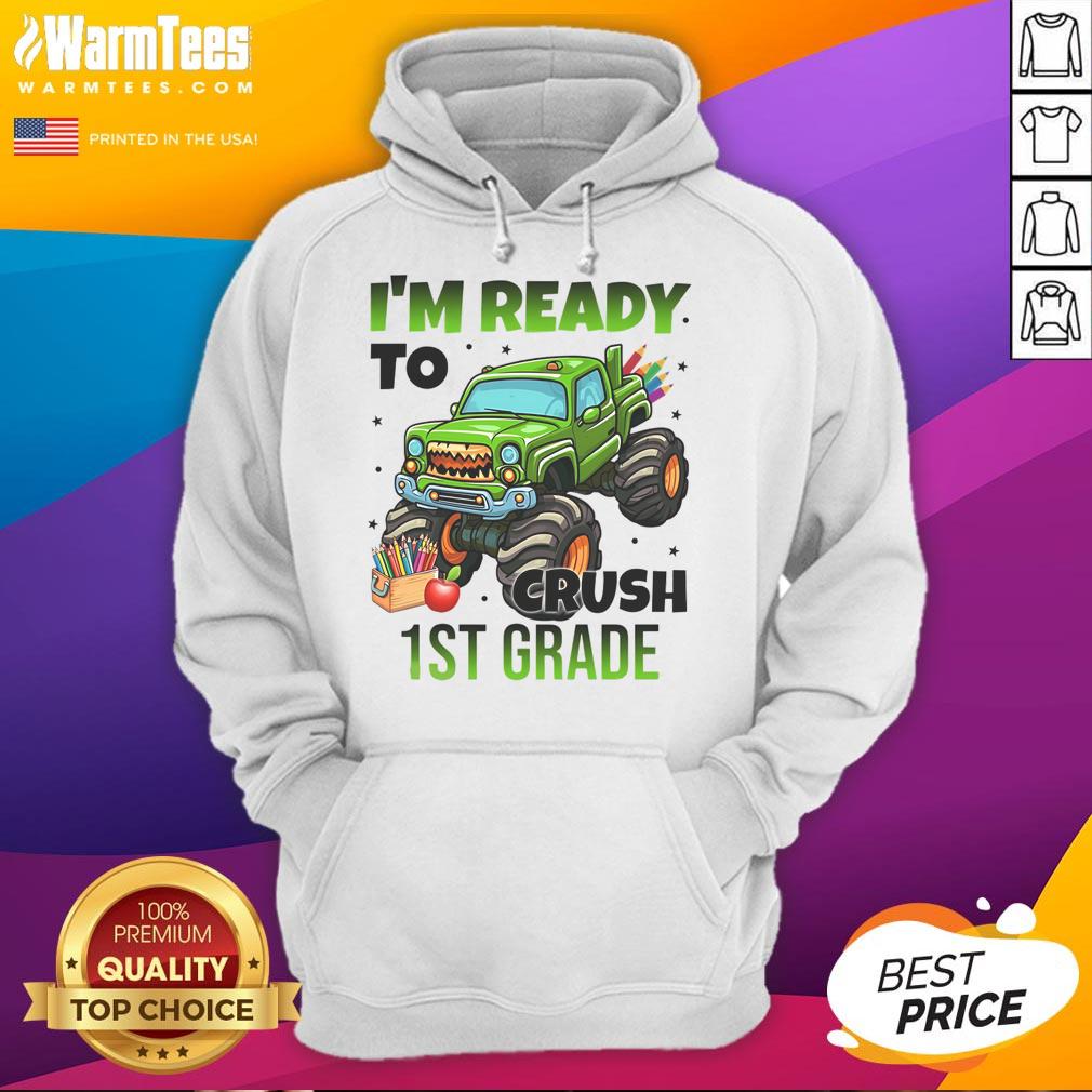 Child wearing an Awesome I'm Ready to Crush 1st Grade Monster Truck Hoodie, excited and ready for school adventures.