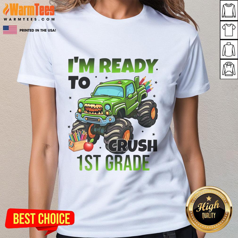 Awesome 'I'm Ready to Crush 1st Grade' Monster Truck Ladies Tee featuring a vibrant truck design and fun colors.
