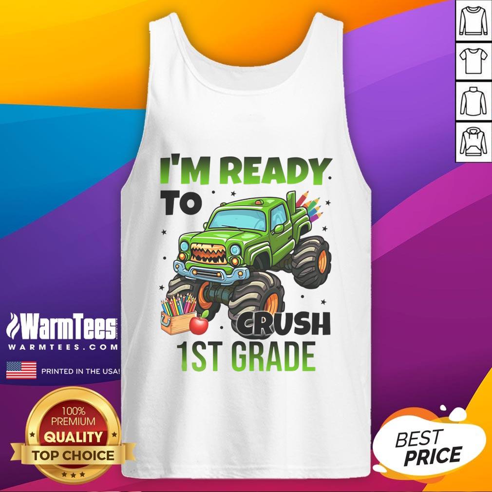 Child wearing an Awesome I'm Ready to Crush 1st Grade Monster Truck Tank Top, ready for school and adventure.