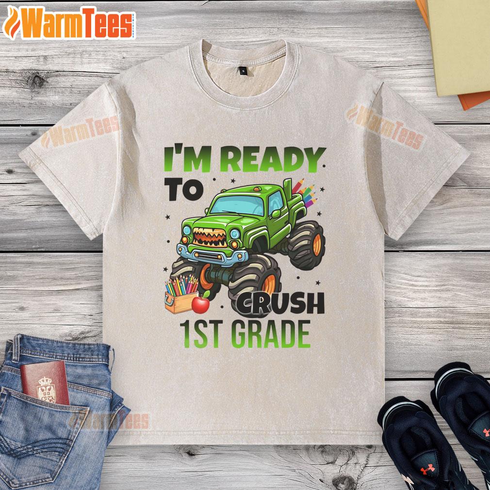 Child wearing an awesome 'I'm Ready to Crush 1st Grade' monster truck washed t-shirt, excited for school.